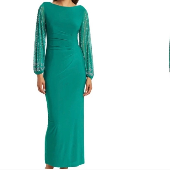 Marina Boat Neck Long Beaded Elastic Cuff Sleeve Matte Jersey Back Slit MidDress - Picture 2 of 12